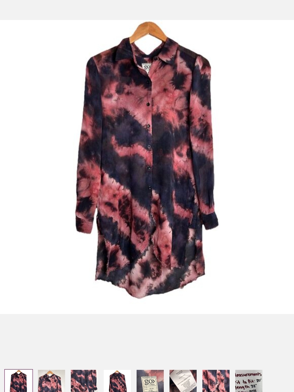 GO BY GO SILK 100% Silk Rose and Navy Tie-Dye Blouse Top /  Long Sleeve Duster